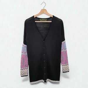 Custo Barcelona Y2K Wool Blend Contrast Sleeve Deep V Cardigan Sweater Black S